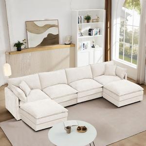 Sofá Esquinero Modular Moderno de Tela Chenille con Otomana, Extra Cómodo, para Sala de Estar Pequeña - Product Image 1