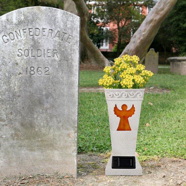 Resin Solar Angel Memorial Vase - Outdoor Garden & Cemetery Decoration with LED Light