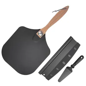 Black Non Stick Coating Stainless Steel 3 Pcs Set Folding Pizza Peel Shovel Cutter Spatula Sever Set With Wood Handle