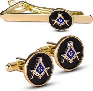 Ensemble de boutons de manchette et pince à cravate maçonniques en métal bleu et or, motif équerre et compas, prix de gros - Product Image 1