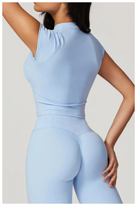 Logotipo personalizado verano alta calidad sólido secado rápido ropa deportiva manga corta gimnasio Fitness Flare Plus tamaño Yoga 2 piezas conjuntos para mujeres - Product Image 4