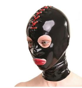 Masque en <span class=keywords><strong>latex</strong></span> gris <span class=keywords><strong>femme</strong></span> capuche en caoutchouc avec double queue de cheval noire, bouche menton dos ouvert fermeture éclair tenue de club accessoires de cosplay - Product Image 1