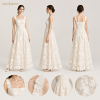 Robe longue en dentelle florale ivoire pour femme, col carré, sans manches, coupe trapèze, pour soirée ou mariage, fournisseur OEM personnalisé