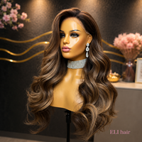 Peluca rubia europea estilo Ombre Milk Tea con cabello de bebé rubio ceniza, densidad pre-estilizada, ondas corporales, raíces marrones, pelucas de cabello humano para mujer.