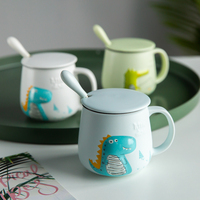 Mug à café en céramique mignon Mr Dinosaur Crocodile Cartoon avec cuillère et couvercle, tasse à boire en porcelaine, tasse à café, thé au lait