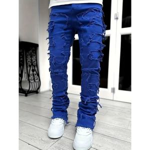 Nuevos Jeans Desgastados para Hombre - Diseño Azul con Ondas y Bordes, Silueta Ajustada, Adecuados para Ropa Urbana y Tendencias de Moda Hip-hop - Product Image 1