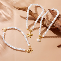 Ensemble de bijoux tendance pour femmes, plaqué or, acier inoxydable, collier de perles, bracelet, pendentif en forme de cœur, bijoux de plage