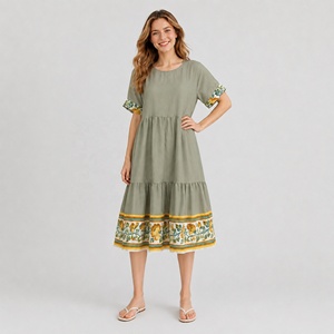 Vestido Midi Boho Verde Salvia para Mujer, Mezcla de Lino, Estampado Floral, Manga con Volantes, Estilo Casual - Product Image 2