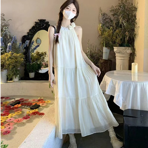 Halter Neck Dress Women Solid Color Breathable A Line Beach Vacation Wear - Product Image 2
