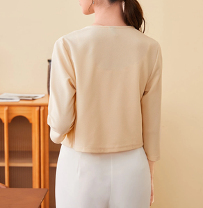 Giacca Elegante <span class=keywords><strong>da</strong></span> Donna Color Albicocca, Senza Colletto, Manica 3/4, Aperta sul Davanti, per Ufficio e Business - Product Image 3
