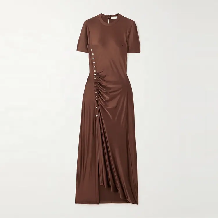 Fabricant de vêtements personnalisé printemps été marron col rond à manches courtes élégant décontracté femmes satin maxi robe