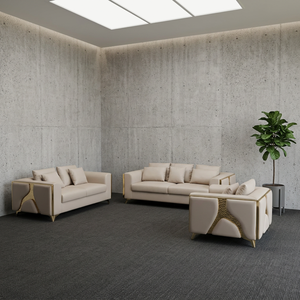 Juego de Sofás Seccionales de Cuero Genuino de Diseño Europeo Moderno con Detalles Metálicos Dorados y Respaldo Acolchado para Sala de Estar - Product Image 4