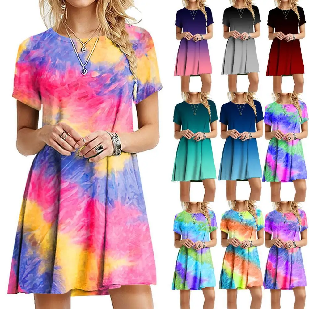 Summer Casual Short Skirt Gradient Tie-Dye Beautiful Dresses For Young Ladies Dazzling Rainbow Short Casual Shirt Dresses