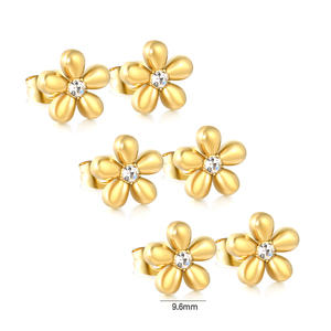 Pendientes de tuerca pequeños de acero inoxidable impermeables y que no se deslustran, con diseño de flor y circonita rosa hueca, suministro a granel de fábrica - Product Image 1