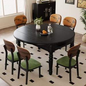 French Retro Solid Wood <b>Dining</b> <b>Table</b> And Chair <b>Set</b> 6 Piece <b>Extendable</b> Vintage Style For <b>Dining</b> Room - Product Image 2