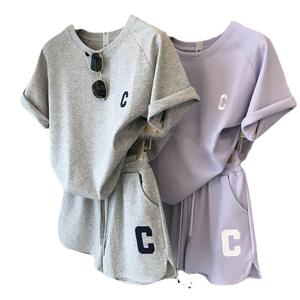 Ensemble décontracté pour femmes en lavande, t-shirt à manches courtes avec poche, short à jambes larges, tricot en coton, tenue d'été en deux pièces - Product Image 2