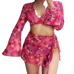 2023 New Arrival người phụ nữ dài tay áo đôi lót tùy chỉnh thiết kế 4 cái Nylon Micro Đồ bơi bikini coverups