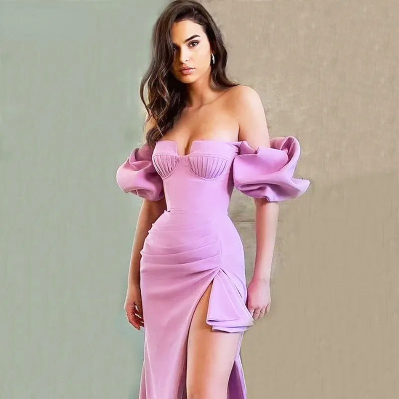 여름 2022 새로운 섹시한 우아한 드레스 보라색 퍼프 슬리브 꽉 분할 오프 숄더 드레스 붕대 파티 이브닝 드레스