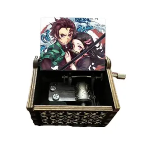 Customization Anime Demon Slayer Music Box 15 Tone Wooden Box Hand-cranked Mini Wooden Musical Box Kids