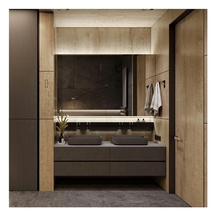 European modern bath room vanity single sink led vanity light mirror for bathroom makeup plywood bathroom cabinet with slab basi