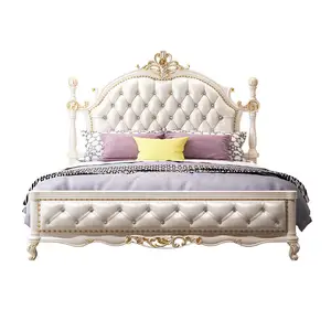 French Royal antique bed solid wood frame double new design king size leather bed for bedroom