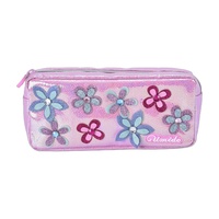 Pochette à crayons personnalisée avec logo, motif fille mignon, hologramme brillant, fleur en appliqué 3D, strass, impression sérigraphique, fermeture éclair