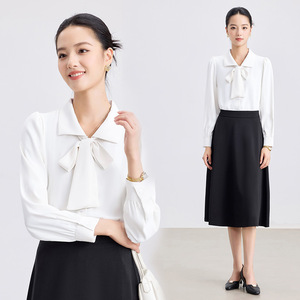 White Bow Blouse Women Long Sleeve Solid Color Office Shirt <b>Polyester</b> Poplin Formal Wear Commute Interview Top - Product Image 4
