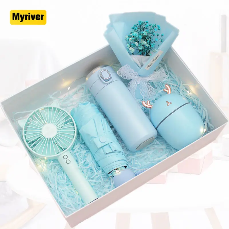 Myriver Summer Water Glass Sun Umbrella Mini Fan Kit de regalo corporativo Promoción de negocios Juego de regalo para mujeres