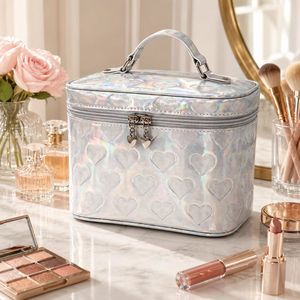 OEM ODM Holographic PU Cosmetic <b>Case</b> Large Capacity Travel <b>Makeup</b> Organizer Bag with Double Zipper Top Handle Wholesale - Product Image 4