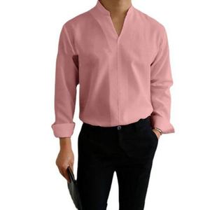 Chemises d'automne pour hommes à manches longues, décontractées et élégantes, pour le travail et les affaires, couleurs unies, col montant, coupe ajustée - Product Image 5