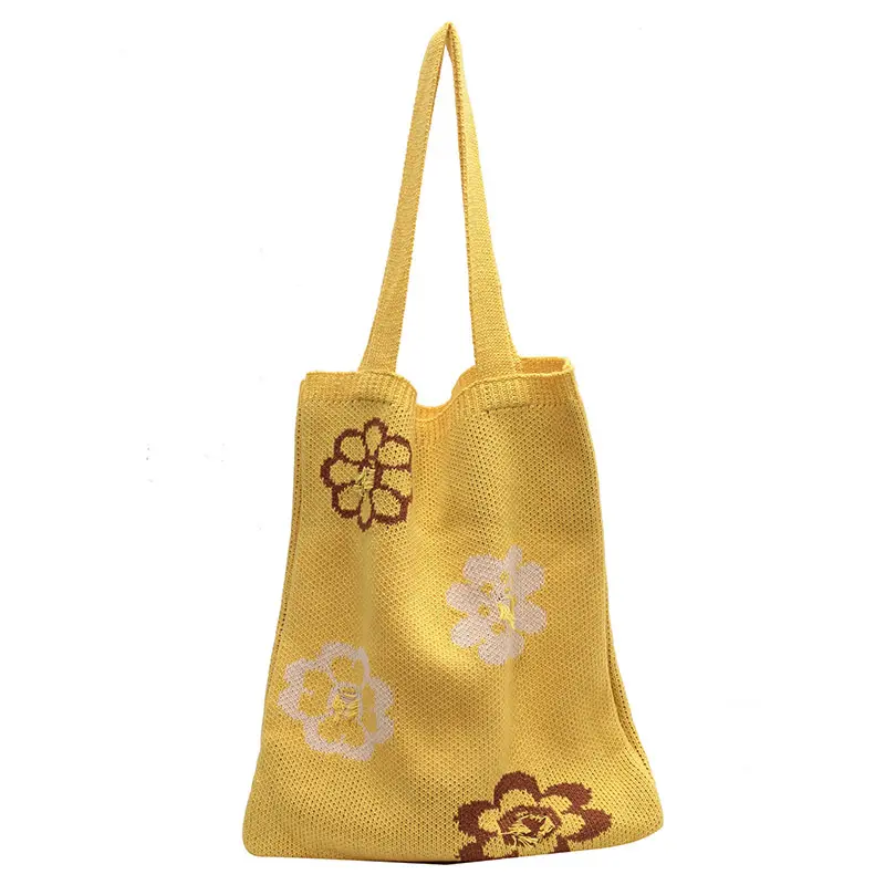 Top Fall Fashions 2023 Lady Wool Bucket Handbag Korean Pastoral Crochet Flower Grocery Shopping Fruit Shoulder Bag