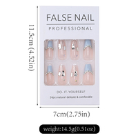 Kit de 24 Faux Ongles Press-On Courts Forme Ballerine French Manucure, Motif Papillons et Fleurs, Adhésifs, Couverture Complète Artificielle