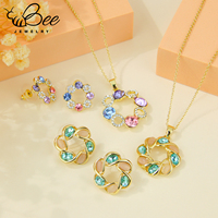 Perhiasan Set Kalung Anting Berlapis Emas 14k Berkualitas Tinggi Anti Luntur dengan Kristal dan Batu Berwarna Alami untuk Wanita Korea