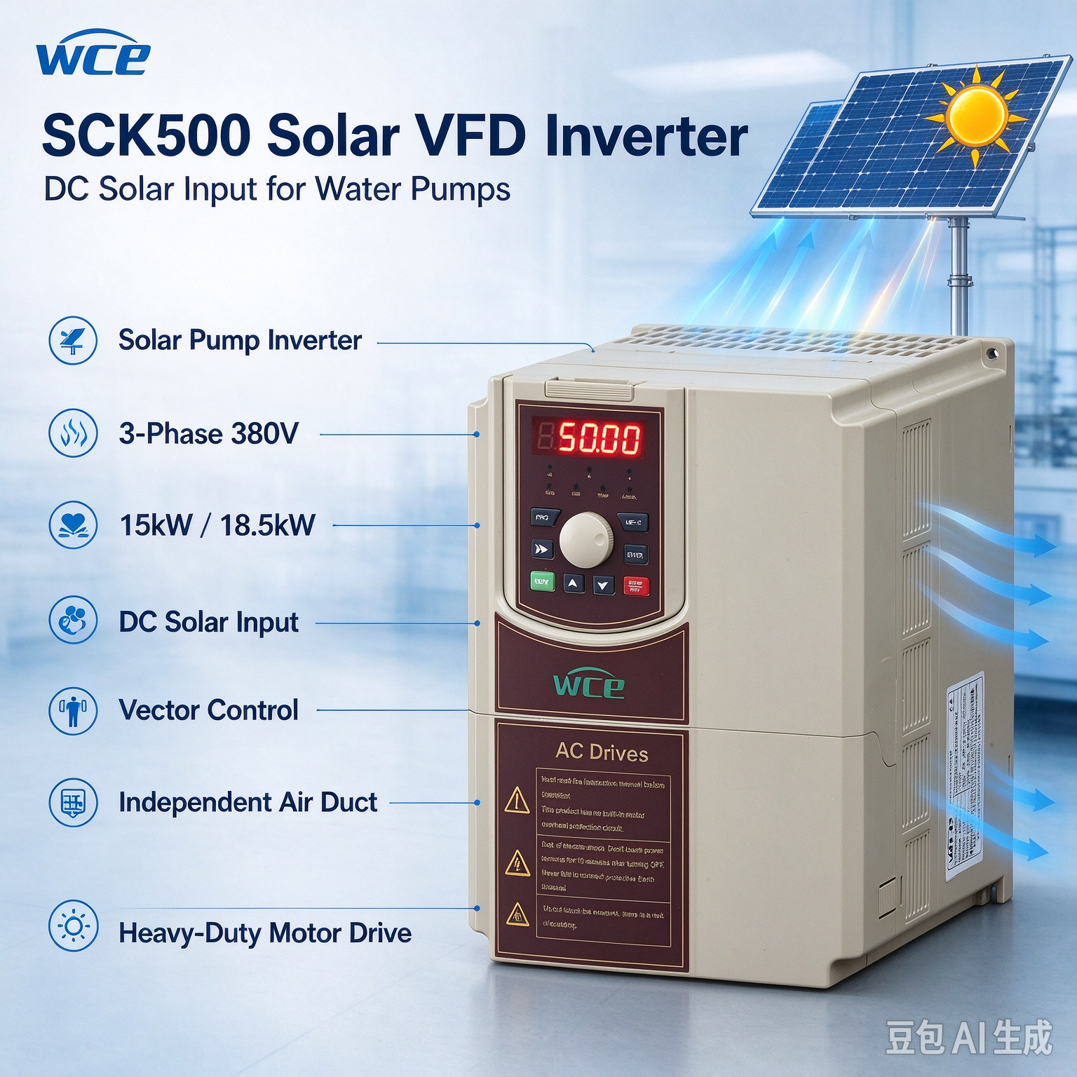 WCE SCK500 Solar VFD Frequency Inverter, DC Solar Input Vector Control Solar Pump Inverter 0.75-630KW 220V-690V · image 1