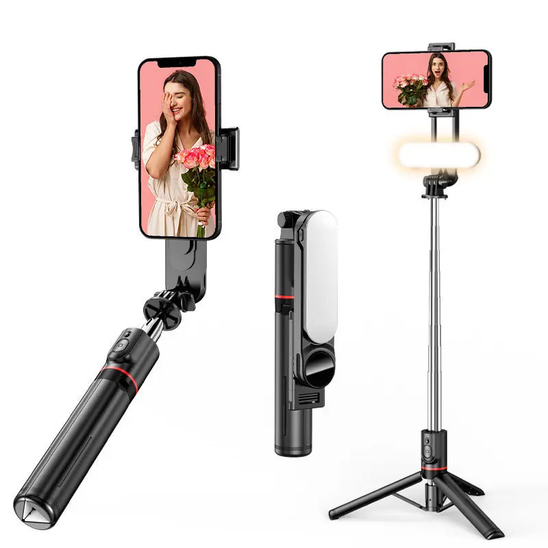 L15 Tripod lipat dengan lampu Led bisa dilepas, tongkat Selfie, ekstensi Tripod 1110mm stabil, pemegang ponsel luar ruangan untuk siaran langsung