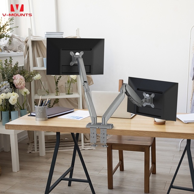 V-mounts Manual Adjustable Monitor Arms with Gas Spring Holder 90 Degrees Tilt 32 Inches Support for Two Screens VM-GE24 Stock