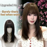 Perruque synthétique mi-longue brune élégante avec frange aérienne, effet naturel et volumineux, résistante à la chaleur, couvrant toute la tête