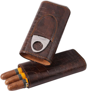 3-Finger <strong>Classy</strong> Black Brown Crocodile Pattern Leather Cigar Case With Small Humidifier and <strong>Cutter</strong> - Product Image 5