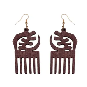 Custom Wooden Adinkra Symbols Jewellery Of West African Design Drop Dangle African Wooden Earrings