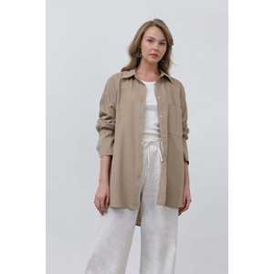 Chemise boutonnée en lin pour femme, style décontracté et simple, couleur kaki, chemisier basique - Product Image 5