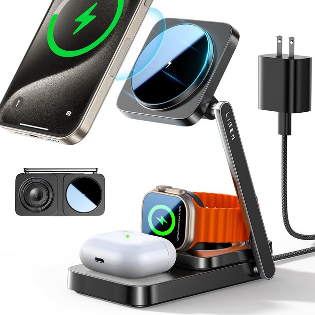 LISEN New Foldable 3 in 1 Wireless Charger Stand Magnetic Charging Dock Station 15W Fast Wireless Charging Pad for Travel Office