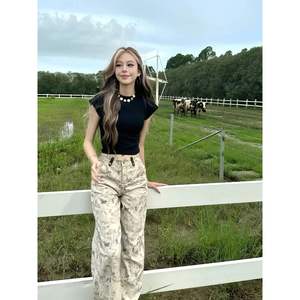 2025 nouvelles femmes rétro cravate-teinture jean droit tout match pantalon mince avec jambe large pour printemps automne pantalon ample - Product Image 5