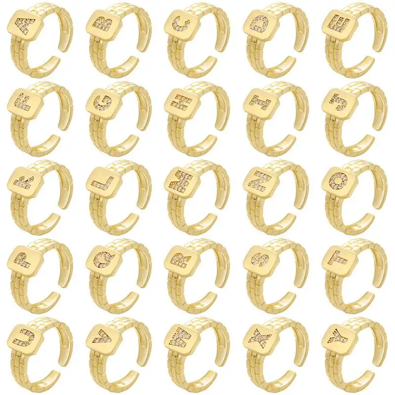 ฮิปฮอปทองแดงสีขาวทองชุบ 26 ตัวอักษรแหวนผู้หญิง Watchband รูปร่าง A-Z ตัวอักษรตัวอักษรเปิดแหวนเครื่องประดับนิ้ว