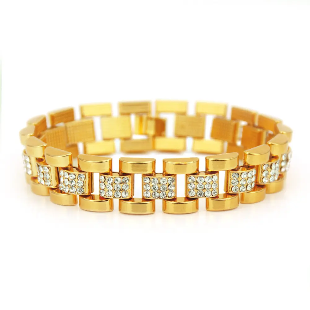 Hiphop punk pulseira e bracelete para homens, moda masculina, dourado, prata, 15mm, brilhante, strass, grosso, miami cubano, corrente bracelete, joia