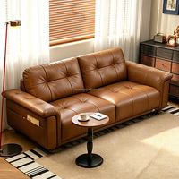 112185 Canapé en cuir véritable Quanu de style vintage du milieu du siècle, 3 places, base en bois massif, canapé en cuir véritable brun antique, meubles