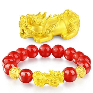 Bracciale Classico con Perline in Pietra Rossa/Verde/Nera, Unisex, con Pixiu Dorato 24k, Portafortuna e Prosperità - Product Image 3