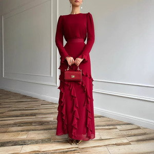 Ensemble deux pièces pour femme, robe longue unie à volants, coupe ajustée, tenue décontractée élégante pour le quotidien, idéal pour l'Europe et l'Amérique, tailles S-XXL - Product Image 2