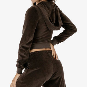 Autumn Warm Women's <strong>Velour</strong> Fleece Hooded Crop Top Zip Up Jacket Casual Outerwear - Product Image 2