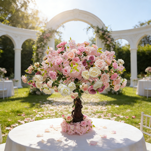 Eleganti Alberi di Fiori in Seta per Tavoli, Decorazioni per Matrimoni <span class=keywords><strong>e</strong></span> Cerimonie, Piccoli Alberi Artificiali di Rose <span class=keywords><strong>Rosa</strong></span> per Centrotavola - Product Image 1