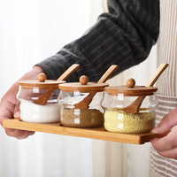 Ensemble de Pots à Épices Mason Écologiques de 300 ml avec Plateau en Bambou, Pots à Condiments et Cuillères pour Sucre, Poivre, Fêtes et Cuisine